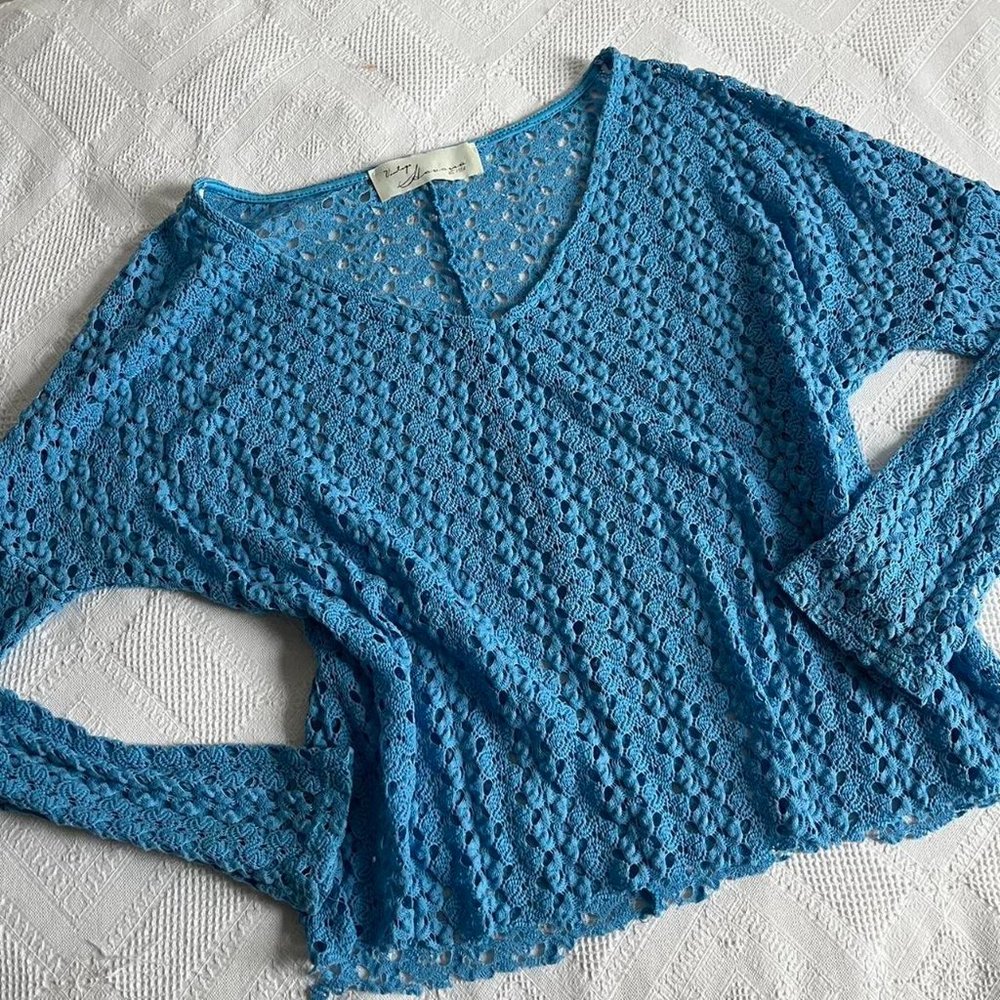Vintage Ocean Blue Knit Crochet Sweater